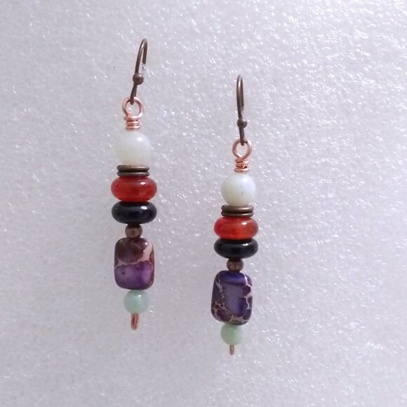 Multi-Hued Fall Danglers ~ Semi-Precious Beads ~ Unique Handmade Stack Earrings - Picture 6 of 6